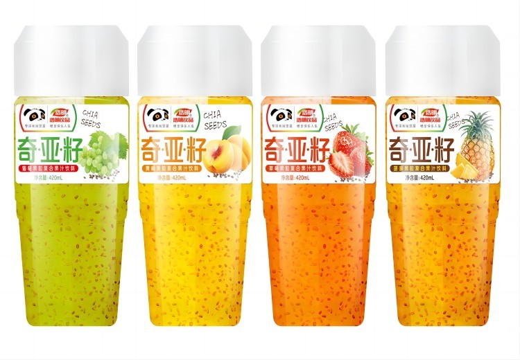 浩明奇亚籽复合果汁饮料，含水果果粒与奇亚籽，4种口味，420mL和1.25L装，美味健康兼具！