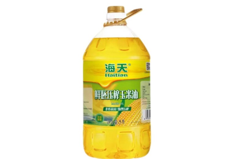 海天鲜胚压榨玉米油，物理压榨非转基因，富含维E与不饱和脂肪酸，一级油品健康之选！