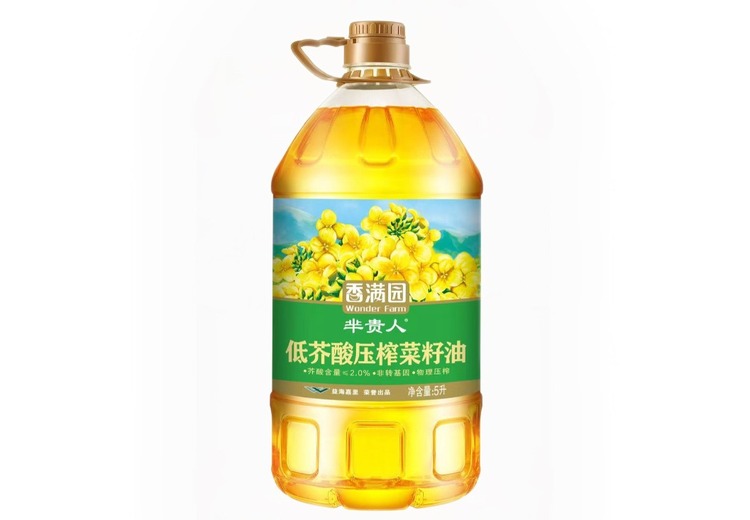 香满园芈贵人低芥酸压榨菜籽油，非转基因物理压榨，芥酸≤3%，富含营养全家放心吃！