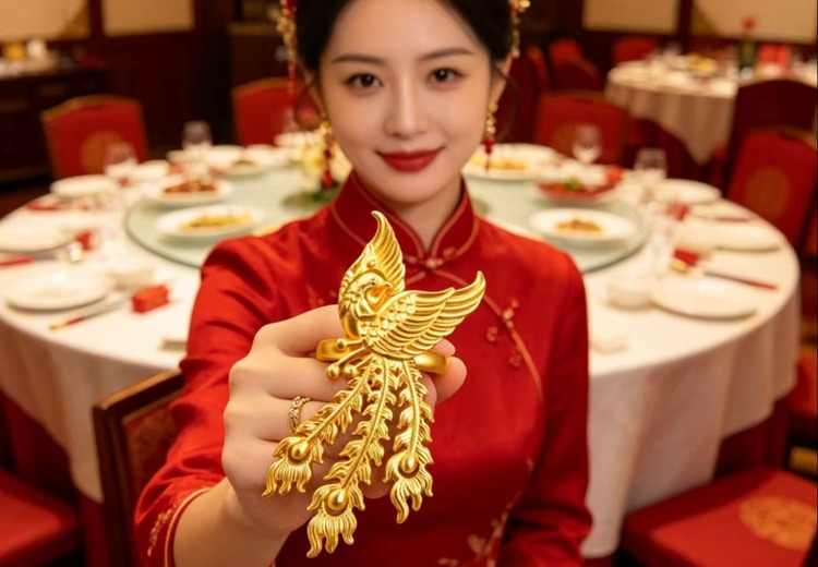 宇泰珠宝金凤送喜戒指：凤凰衔喜寓意佳，足金工艺精，婚嫁节庆礼赠优选