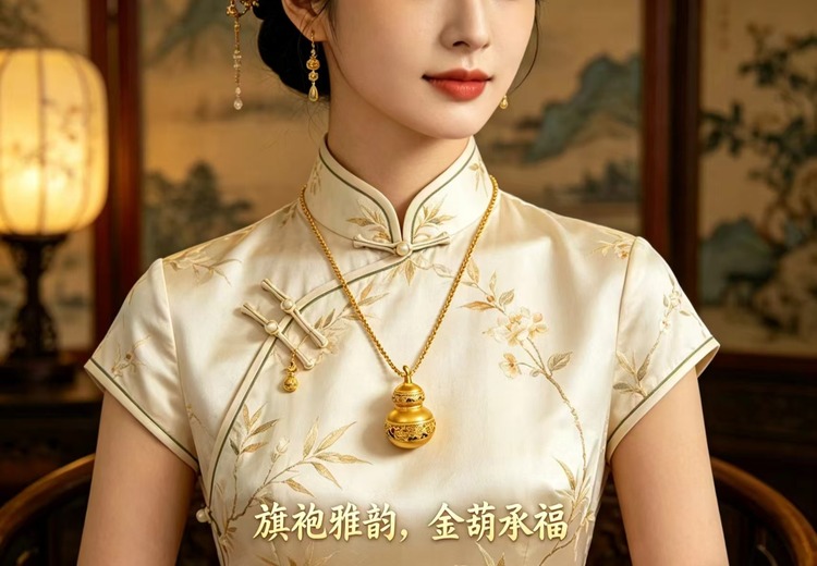 旗袍雅韵邂逅金葫承福：古法工艺吊坠，福气满满，新中式穿搭点睛之笔！