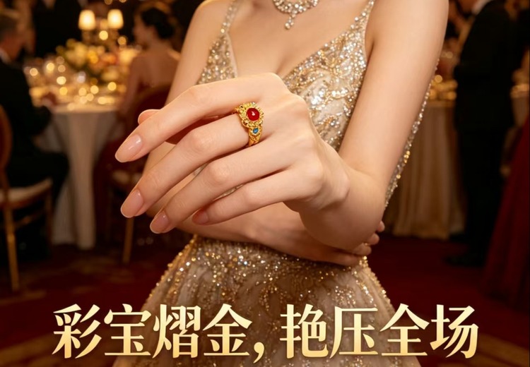 熠金戒指：融合高定灵感与古法工艺，红蓝宝石撞色搭配，艳压全场寓意鸿运平安！