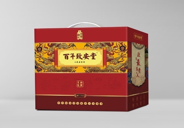 产品展示：百年致安堂酒箱展开图及人民古坊酒彩箱，尽显食品包装定制之美