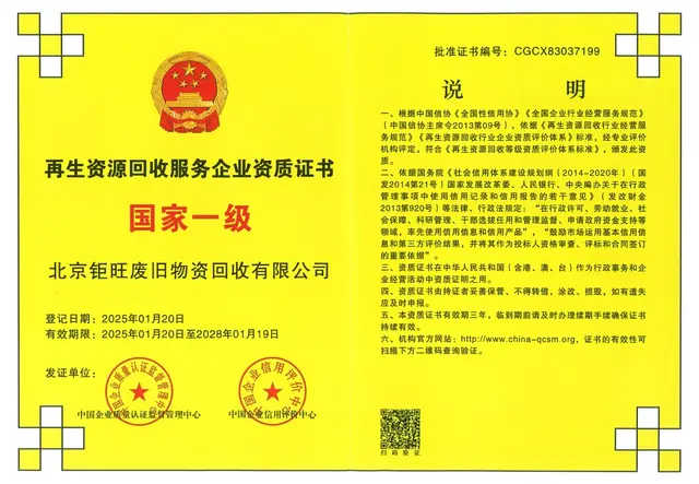 再生资源回收服务企业资质证书（国家一级）