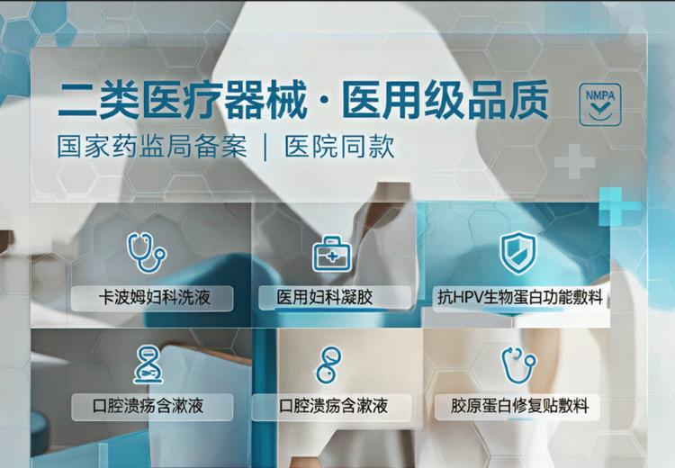 卡波姆妇科洗液等多种医用产品，涵盖妇科、口腔及皮肤修复领域