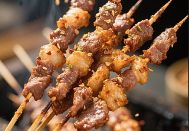 马天烧烤：老顾客必点！1元肉串焦香多汁，搭配泡馍酸梅汤，地道西安味