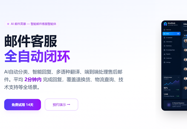AI Email Hero：2分钟速回邮件，90%解决率，覆盖全场景售后，14天免费试用