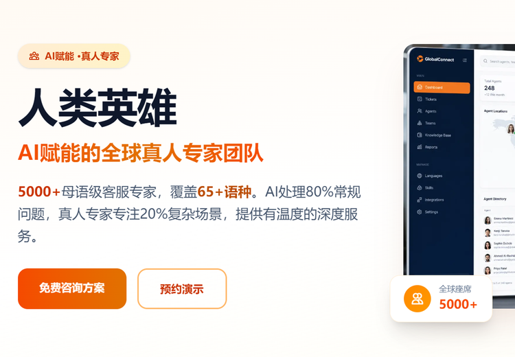 AI+真人客服组合，5000+专家覆盖65+语种，48小时上线，按需付费服务优