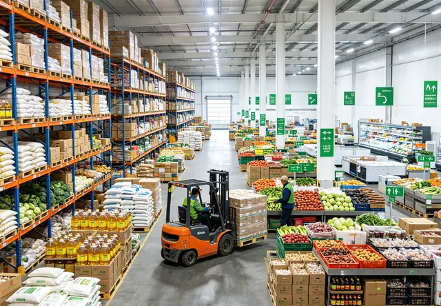 农副产品仓储仓库、粮油米面整箱堆放、果蔬货源