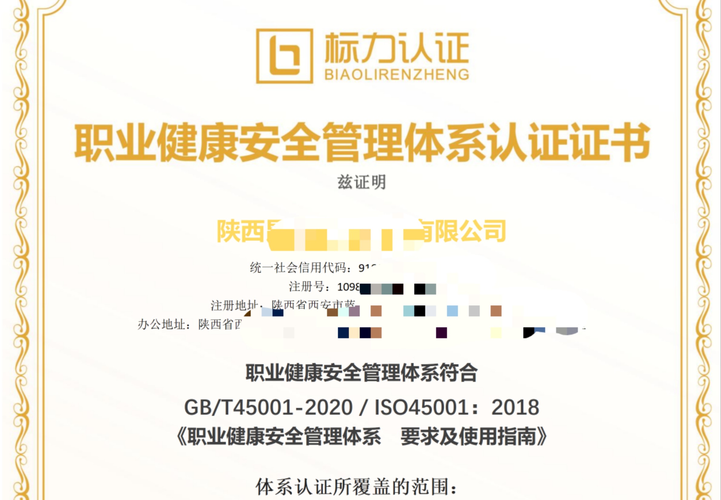 职业健康安全管理体系认证证书